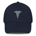 A navy blue Hospital Corpsman Hat with the logo on the front.  The hat has a curved visor and an adjustable strap at the back.