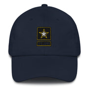A navy blue United States Army Hat with the logo on the front.  The hat has a curved visor and an adjustable strap at the back.