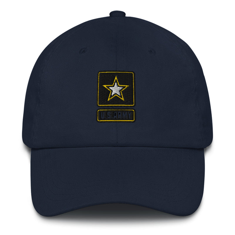 A navy blue United States Army Hat with the logo on the front.  The hat has a curved visor and an adjustable strap at the back.