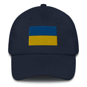 A navy blue Ukrainian Flag Hat with the logo on the front.  The hat has a curved visor and an adjustable strap at the back.