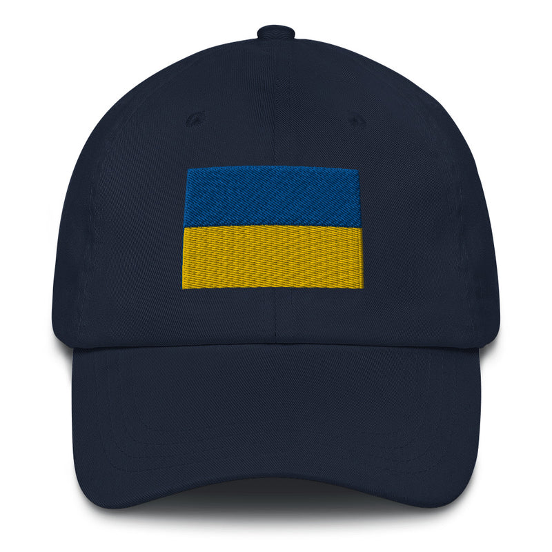 A navy blue Ukrainian Flag Hat with the logo on the front.  The hat has a curved visor and an adjustable strap at the back.