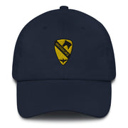 A navy blue 1st Air Cavalry Brigade Hat with the logo on the front.  The hat has a curved visor and an adjustable strap at the back.