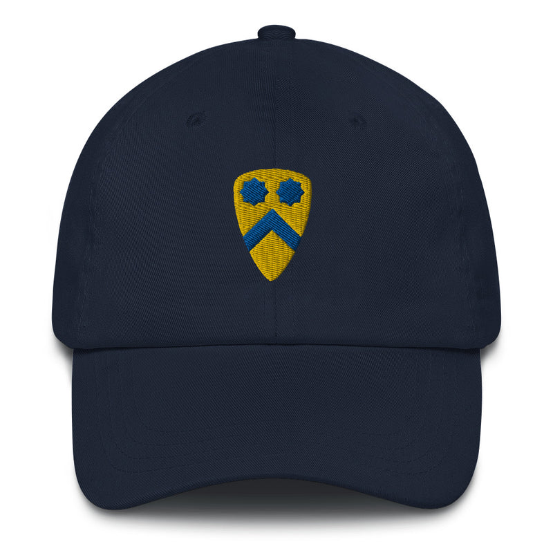 A navy blue 2nd Cavalry Division Hat with the logo on the front.  The hat has a curved visor and an adjustable strap at the back.