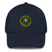 A navy blue 2nd-cavalry-regiment Hat with the logo on the front.  The hat has a curved visor and an adjustable strap at the back.