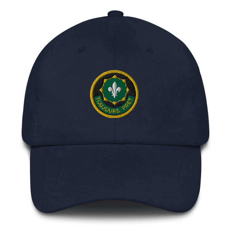 A navy blue 2nd-cavalry-regiment Hat with the logo on the front.  The hat has a curved visor and an adjustable strap at the back.