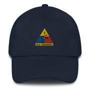 A navy blue 1st Armored Division Hat with the logo on the front.  The hat has a curved visor and an adjustable strap at the back.