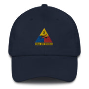 A navy blue 2nd Armored Division Hat with the logo on the front.  The hat has a curved visor and an adjustable strap at the back.
