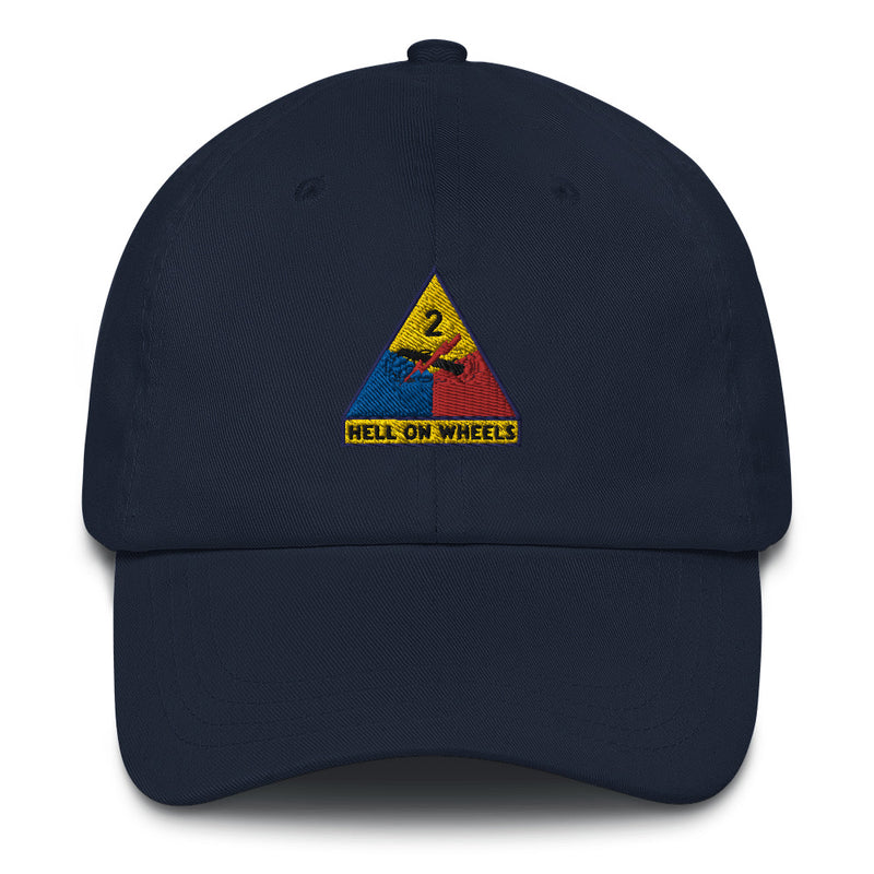 A navy blue 2nd Armored Division Hat with the logo on the front.  The hat has a curved visor and an adjustable strap at the back.