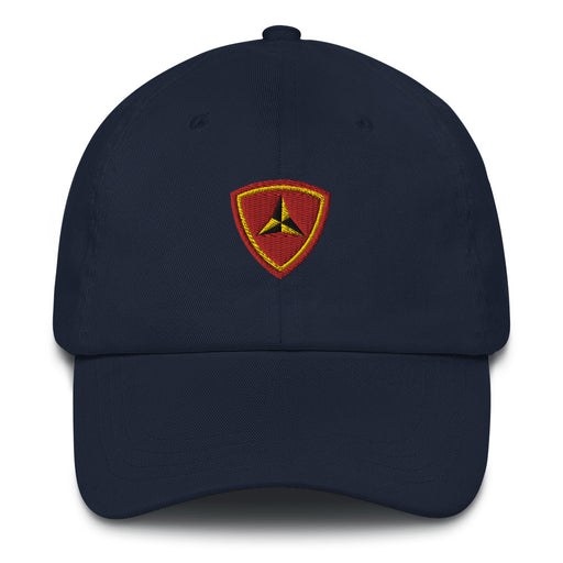 A navy blue 3rd Marine Division Hat with the logo on the front.  The hat has a curved visor and an adjustable strap at the back.