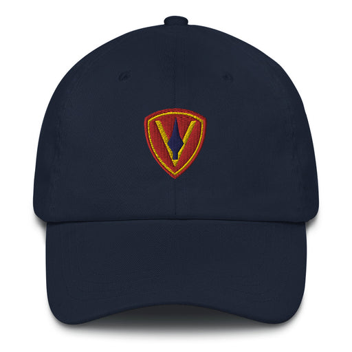 A navy 5th Marine Division Hat with the logo on the front.  The hat has a curved visor and an adjustable strap at the back.