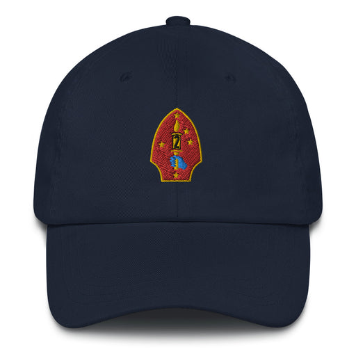 A navy blue 2nd Marine Division Hat with the logo on the front.  The hat has a curved visor and an adjustable strap at the back.