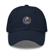 A black Navy Seabees Hat with the logo on the front.  The hat has a curved visor and an adjustable strap at the back.