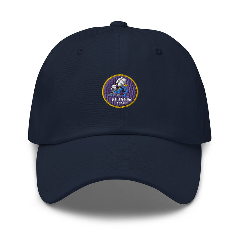 A black Navy Seabees Hat with the logo on the front.  The hat has a curved visor and an adjustable strap at the back.