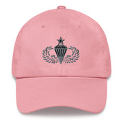 A pink Senior Parachutist Division Hat with the logo on the front.  The hat has a curved visor and an adjustable strap at the back.