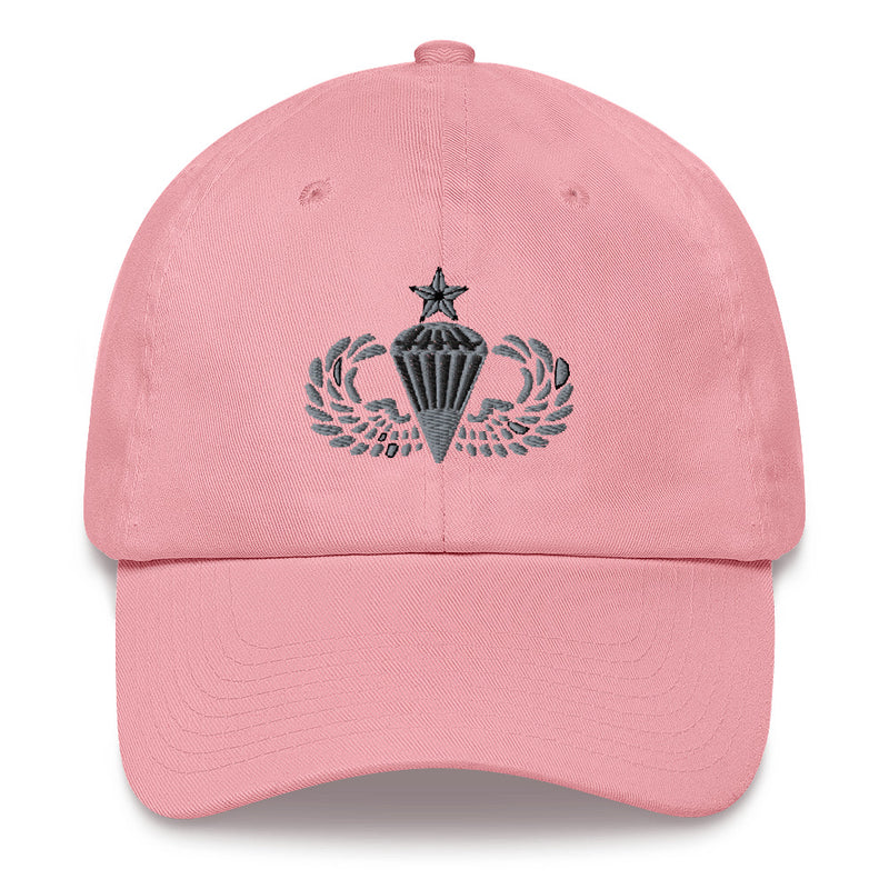 A pink Senior Parachutist Division Hat with the logo on the front.  The hat has a curved visor and an adjustable strap at the back.