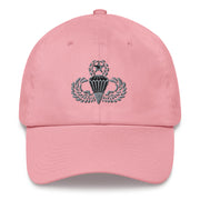 A pink Master Parachutist Hat with the logo on the front.  The hat has a curved visor and an adjustable strap at the back.