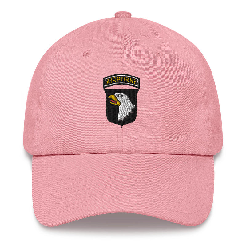 A pink 101st Airborne Hat with the logo on the front.  The hat has a curved visor and an adjustable strap at the back.