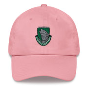 A pink 104th Infantry Division Hat with the logo on the front.  The hat has a curved visor and an adjustable strap at the back.