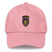 A pink 13th Airborne Division Hat with the logo on the front.  The hat has a curved visor and an adjustable strap at the back.