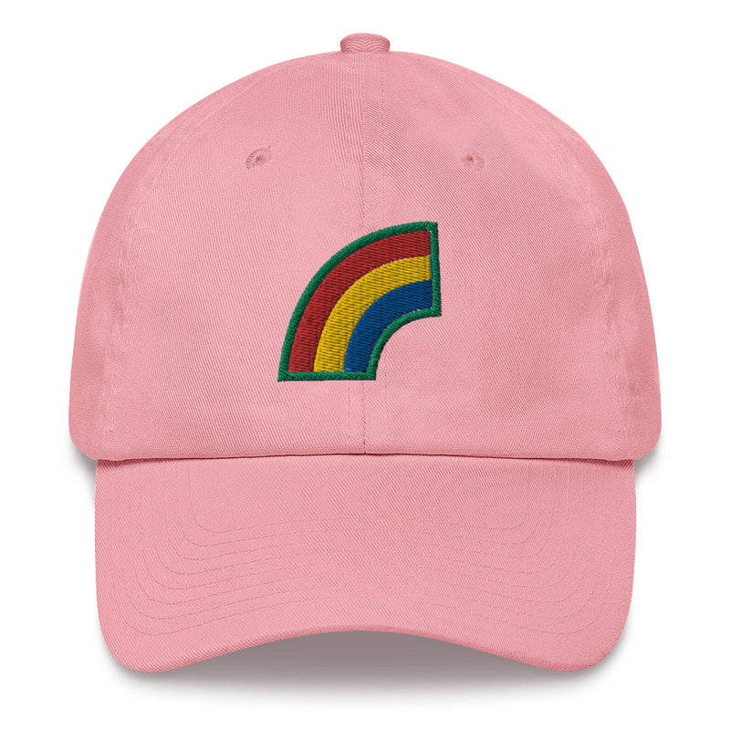A pink 42nd Infantry Division Hat with the logo on the front.  The hat has a curved visor and an adjustable strap at the back.