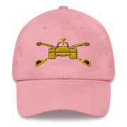 A pink Army Armor Hat with the logo on the front.  The hat has a curved visor and an adjustable strap at the back.
