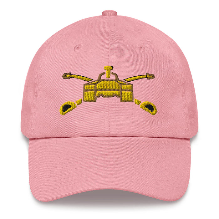 A pink Army Armor Hat with the logo on the front.  The hat has a curved visor and an adjustable strap at the back.