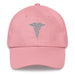 A pink Hospital Corpsman Hat with the logo on the front.  The hat has a curved visor and an adjustable strap at the back.