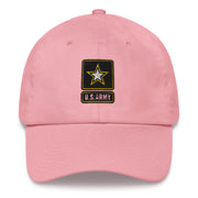 A pink United States Army Hat with the logo on the front.  The hat has a curved visor and an adjustable strap at the back.
