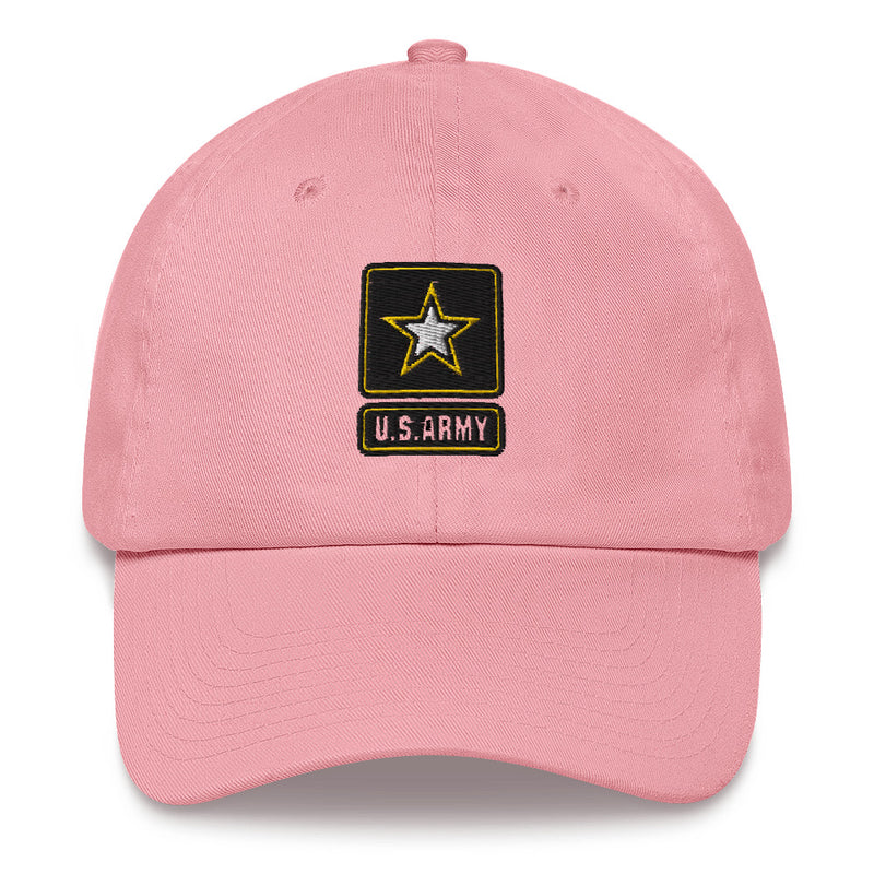 A pink United States Army Hat with the logo on the front.  The hat has a curved visor and an adjustable strap at the back.