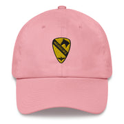 A pink 1st Air Cavalry Brigade Hat with the logo on the front.  The hat has a curved visor and an adjustable strap at the back.