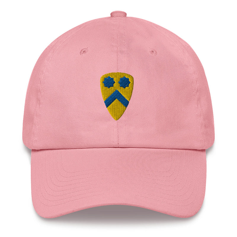 A pink 2nd Cavalry Division Hat with the logo on the front.  The hat has a curved visor and an adjustable strap at the back.