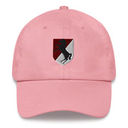 A pink 11th Armored Cavalry Regiment Hat with the logo on the front.  The hat has a curved visor and an adjustable strap at the back.