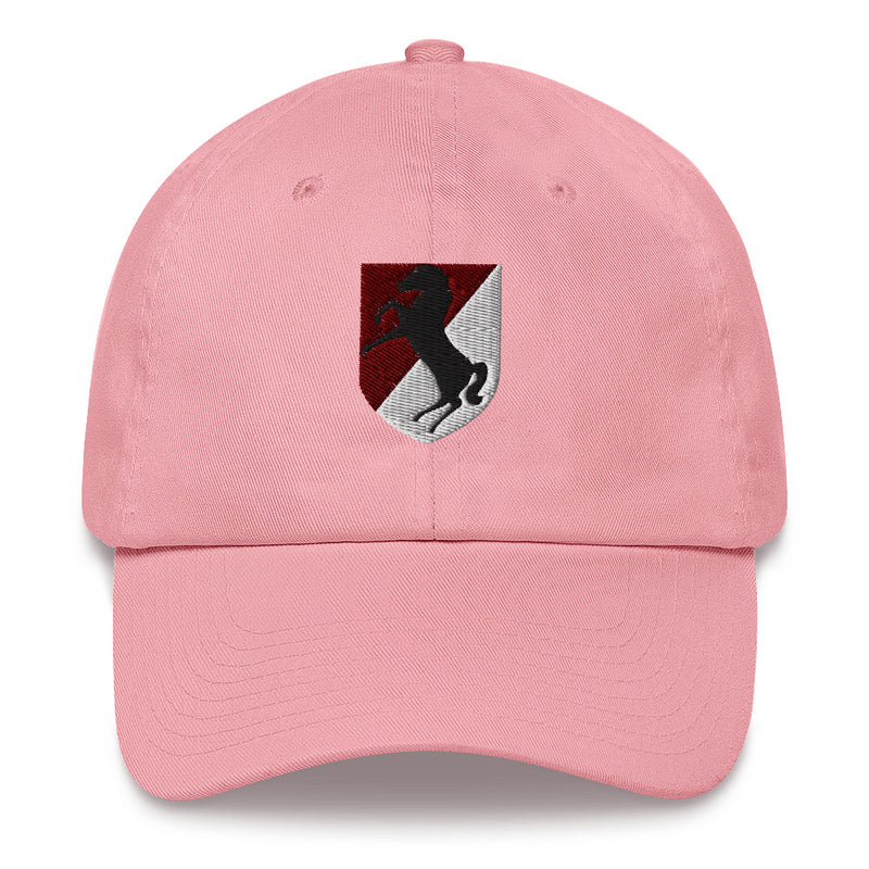 A pink 11th Armored Cavalry Regiment Hat with the logo on the front.  The hat has a curved visor and an adjustable strap at the back.