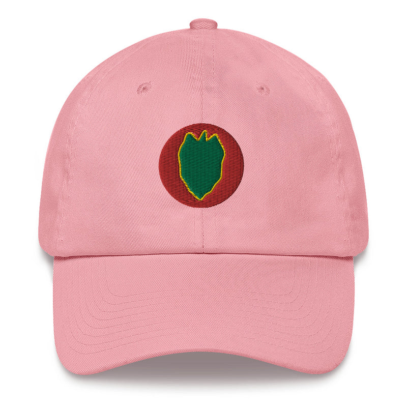 A pink 24th Infantry Division Hat with the logo on the front.  The hat has a curved visor and an adjustable strap at the back.