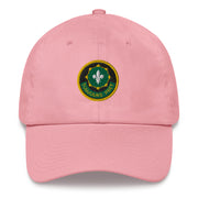 A pink 2nd-cavalry-regiment Hat with the logo on the front.  The hat has a curved visor and an adjustable strap at the back.