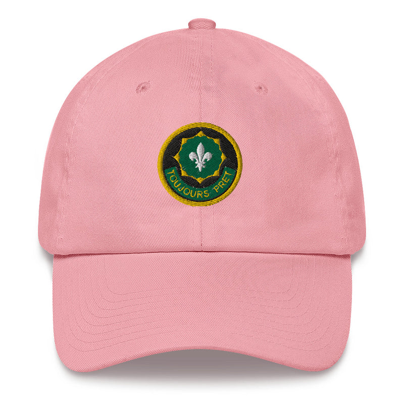 A pink 2nd-cavalry-regiment Hat with the logo on the front.  The hat has a curved visor and an adjustable strap at the back.