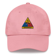 A pink 3rd Armored Division Hat with the logo on the front.  The hat has a curved visor and an adjustable strap at the back.