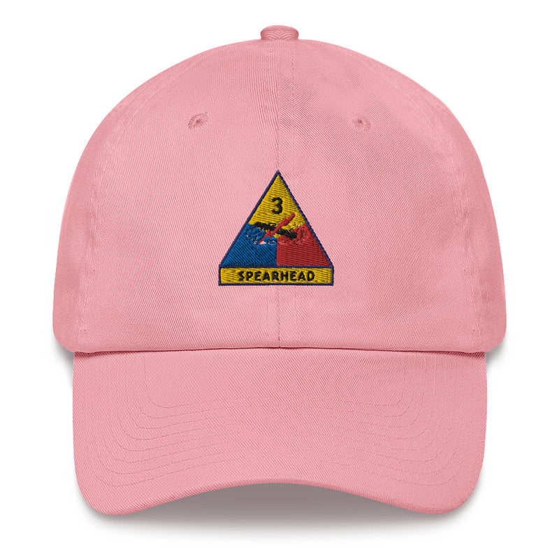 A pink 3rd Armored Division Hat with the logo on the front.  The hat has a curved visor and an adjustable strap at the back.