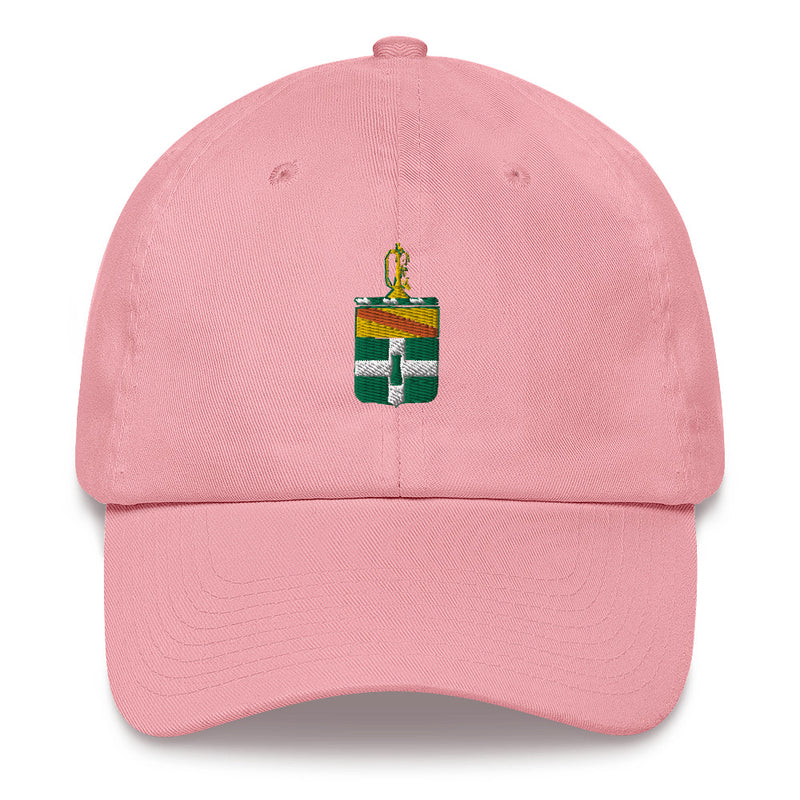 A pink 3rd Cavalry Regiment Hat with the logo on the front.  The hat has a curved visor and an adjustable strap at the back.