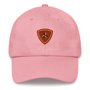 A pink 3rd Marine Division Hat with the logo on the front.  The hat has a curved visor and an adjustable strap at the back.