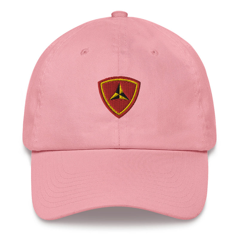 A pink 3rd Marine Division Hat with the logo on the front.  The hat has a curved visor and an adjustable strap at the back.