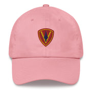A pink  5th Marine Division Hat with the logo on the front.  The hat has a curved visor and an adjustable strap at the back.