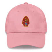 A pink 2nd Marine Division Hat with the logo on the front.  The hat has a curved visor and an adjustable strap at the back.