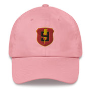 A pink 9th Regiment Hat with the logo on the front.  The hat has a curved visor and an adjustable strap at the back.