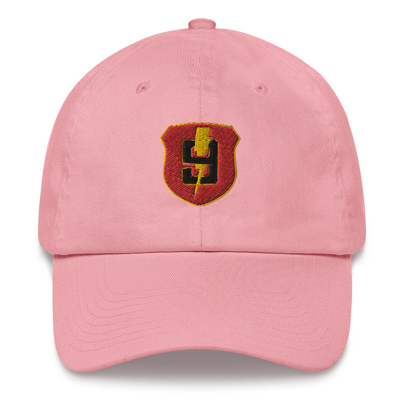 A pink 9th Regiment Hat with the logo on the front.  The hat has a curved visor and an adjustable strap at the back.