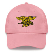 A pink Navy Seals Hat with the logo on the front.  The hat has a curved visor and an adjustable strap at the back.