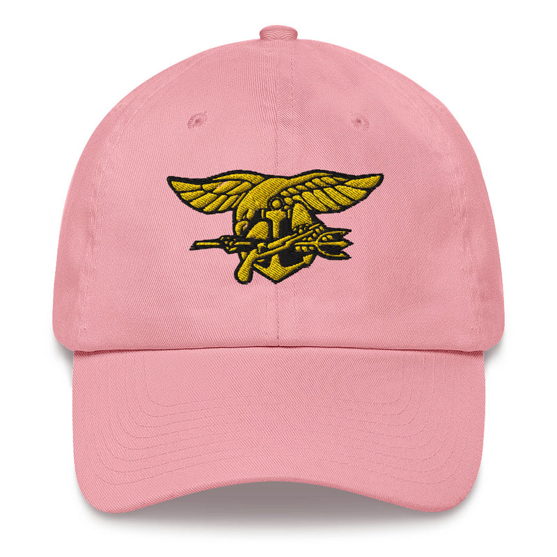 A pink Navy Seals Hat with the logo on the front.  The hat has a curved visor and an adjustable strap at the back.