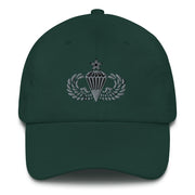 A spruce colored Senior Parachutist Division Hat with the logo on the front.  The hat has a curved visor and an adjustable strap at the back.