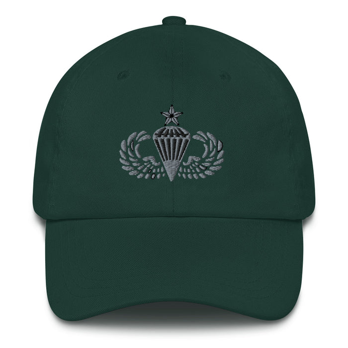 A spruce colored Senior Parachutist Division Hat with the logo on the front.  The hat has a curved visor and an adjustable strap at the back.