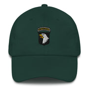 A spruce colored 101st Airborne Hat with the logo on the front.  The hat has a curved visor and an adjustable strap at the back.